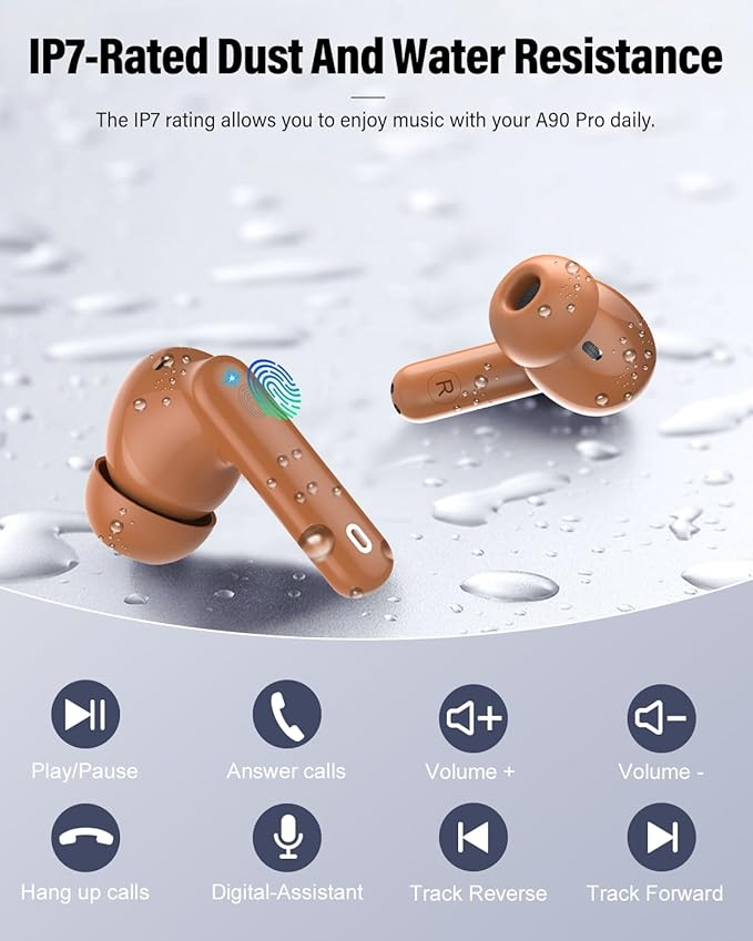 Wireless Earbuds, Bluetooth 5.4 Headphones Bass Stereo, Ear Buds with Noise Cancelling Mic, IP7 Waterproof in Ear Earphones, 36H LED Display Bluetooth Earbuds for Laptop Pad Phones Sports, Brown-StrideForce Fitness