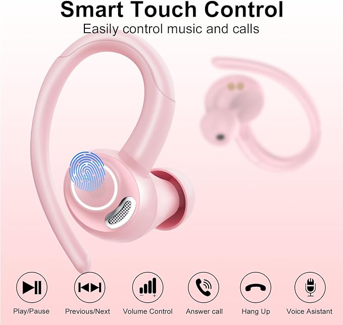 Wireless Earbuds Bluetooth 5.3 Headphones Sports, 48Hrs Playtime Bluetooth Earbuds with CVC 8.0 Mic, 2025 Stereo Bass Over Ear Bud with Earhooks, LED Display, IP7 Waterproof Earphon for Running Rose-StrideForce Fitness