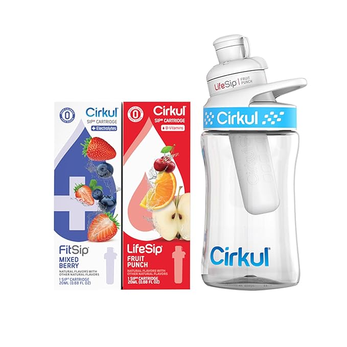 Cirkul 12oz. BPA-Free Plastic Water Bottle Starter Kit for Kids with Blue Lid, 2 Flavor Cartridges (1 LifeSip Fruit Punch, 1 FitSip Mixed Berry), No Sugar, Zero Calorie Drink Mix-StrideForce Fitness