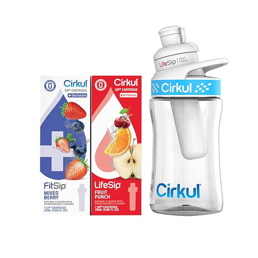 Cirkul 12oz. BPA-Free Plastic Water Bottle Starter Kit for Kids with Blue Lid, 2 Flavor Cartridges (1 LifeSip Fruit Punch, 1 FitSip Mixed Berry), No Sugar, Zero Calorie Drink Mix-StrideForce Fitness