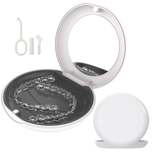 Retainer Case with Mirror, Compatible with Invisalign, Cute Slim Orthodontic Aligner Case with Silicone Pad, White