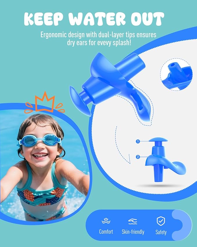 Hearprotek 3 Pairs Swimming Ear Plugs for Kids, Soft Silicone Reusable Waterproof Earplugs for Toddlers Bathing Swimming and Other Water Sports(Blue/Orange/Green)-StrideForce Fitness
