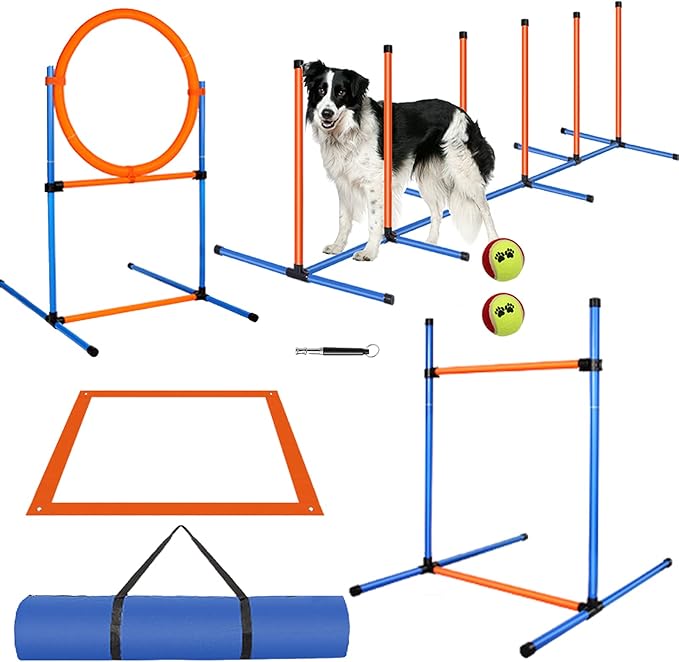 Dog Agility Training Equipment, 72-Piece Obstacle Course Training Starter Kit Indoor Outdoor Game for Dogs with Agility Hurdle, Jump Ring, Weave Poles, Pause Box, Toy Balls and Storage Bag-StrideForce Fitness