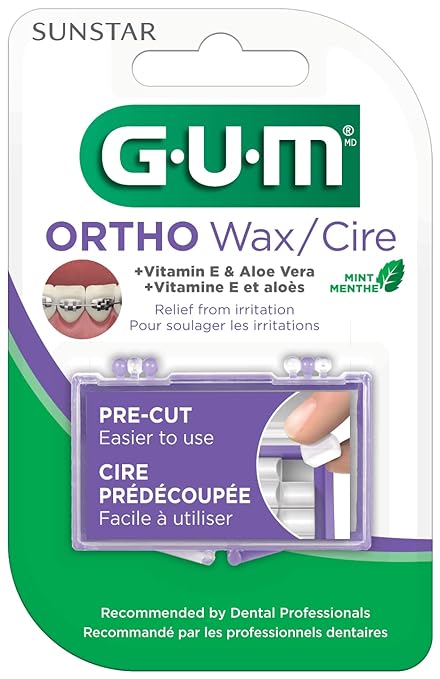 GUM Orthodontic Wax for Braces and Dental Devices - Soothing Dental Wax with Vitamin E and Aloe Vera - Clear Color and Refreshing Mint Flavor (Pack of 6)