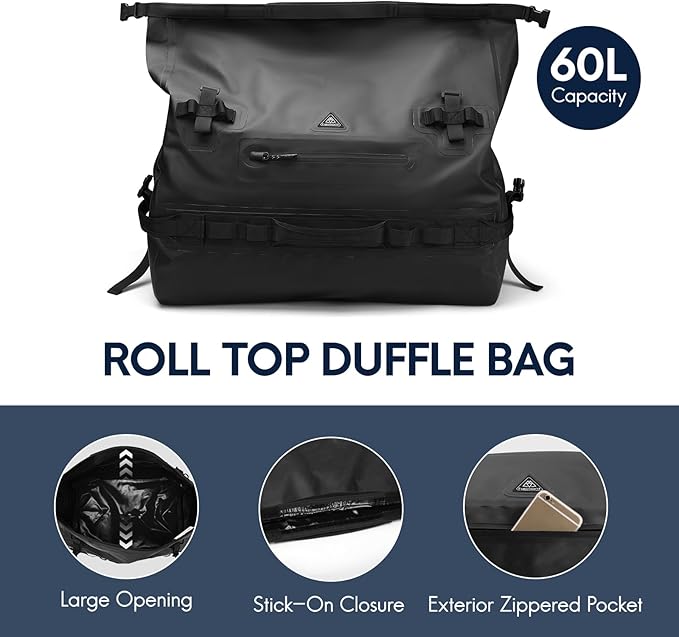 Haimont Large Waterproof Duffel Backpack Roll-Top Heavy Duty Dry Duffle Bag for Boating, Travel, Motorcycle, Kayaking, Camping, 60L-StrideForce Fitness