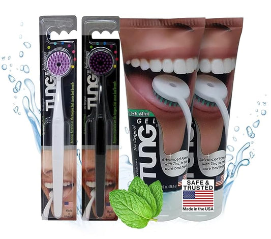 Tung Tongue Cleaning Kit, Tung Brush and Gel, Bad Breath Odor Eliminator, Halitosis Defense, USA Made (Set of 2)