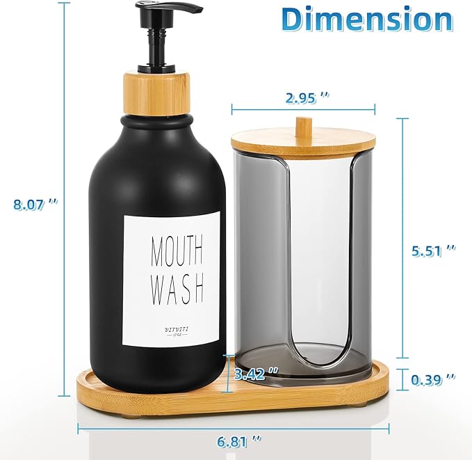 VITVITI Mouthwash Dispenser for Bathroom, Mouth Wash Pump Bottle with Paper Cup Holder, 17Oz Refillable Black Mouthwash Container with Bamboo Lid/Tray/Label