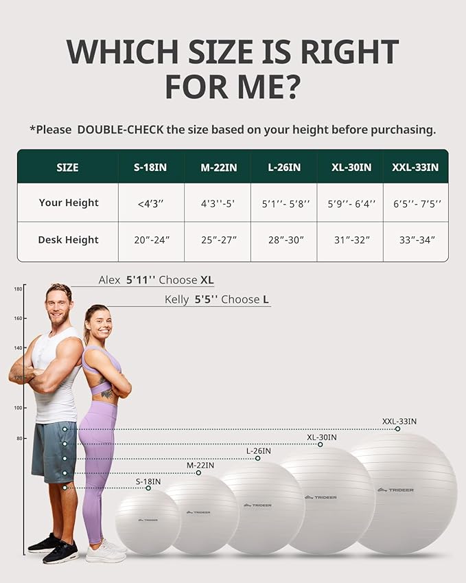 Trideer Extra Thick Yoga Ball Exercise Ball, 5 Sizes Gym Ball, Heavy Duty Ball Chair for Balance, Stability, Pregnancy, Quick Pump Included-StrideForce Fitness