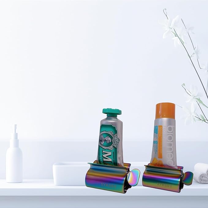 XYKEEY Toothpaste Tube Squeezer - Set of 2 Toothpaste Squeezer Rollers, Metal Toothpaste Tube Wringer Seat Holder Stand (Iridescent)
