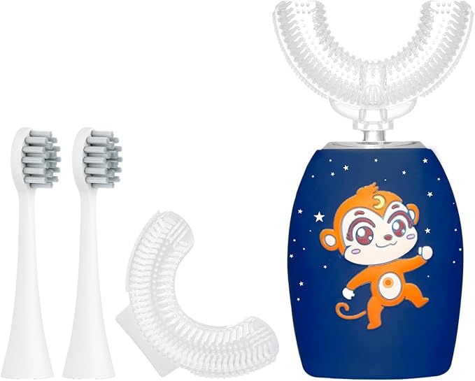 Kids Toothbrush Electric, U Shaped Ultrasonic Automatic Toothbrush with 4 Brush Heads, Two Cleaning Modes, Cartoon Modeling Design for Kids, Age 2-12