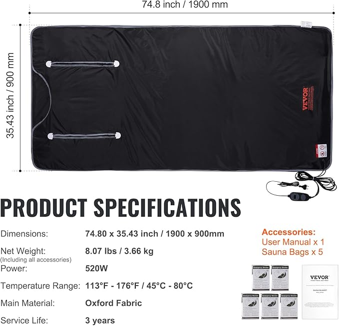 VEVOR Sauna Blanket, Compact Infrared Home Sauna with Oxford Fabric, Features Arm Openings & Carbon Fiber Warmers, Temp Settings 95-176℉, Timer 5-60 Mins, 75x35 inches-StrideForce Fitness