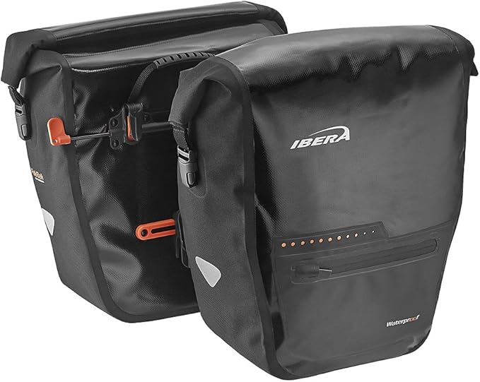 Ibera Panniers Bike Bags 30L (Pair) - Waterproof & with Quick Release/Clip-On System - Bike Saddle Bags For Rear Rack with Rain Cover & 19.8 lbs Capacity - Saddle Bag Bicycle Fits Most Racks (Black)-StrideForce Fitness