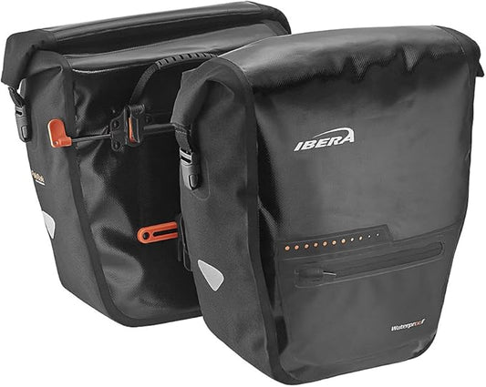 Ibera Panniers Bike Bags 30L (Pair) - Waterproof & with Quick Release/Clip-On System - Bike Saddle Bags For Rear Rack with Rain Cover & 19.8 lbs Capacity - Saddle Bag Bicycle Fits Most Racks (Black)-StrideForce Fitness