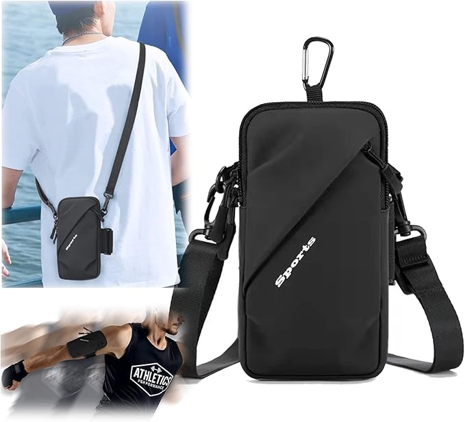Phone Holder Arm Band, Small Crossbody Shoulder Holsters Bag with Arm Bands, Fits iPhone and Android, Use for Running, Walking, Hiking & Biking (6.7 Inches, Black)-StrideForce Fitness