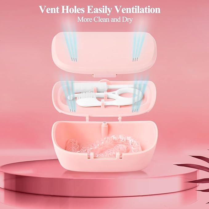 Retainer Case With Mirror,Compatible with Invisalign,Vent Holes,Contain Remover Tool,Cleaning Brush,Chewies for Invisalign