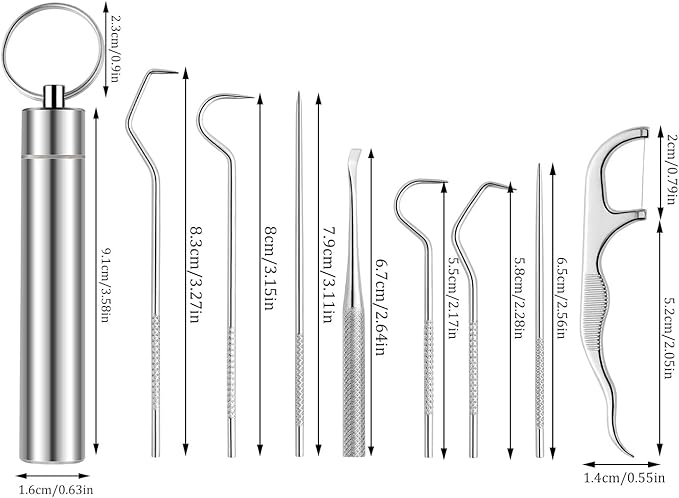 Toothpicks Pocket Set, Dental Floss Picks Kit Reusable, Stainless Steel Teeth Cleaning Tools, Tooth Picker Oral Hygiene Travel (1 Set)