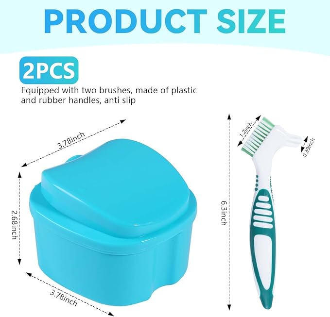 2 Pack Denture Bath Case Cup Box Holder Storage Container with Denture Cleaner Brush Strainer Basket for Travel Cleaning (Light Blue and Blue)