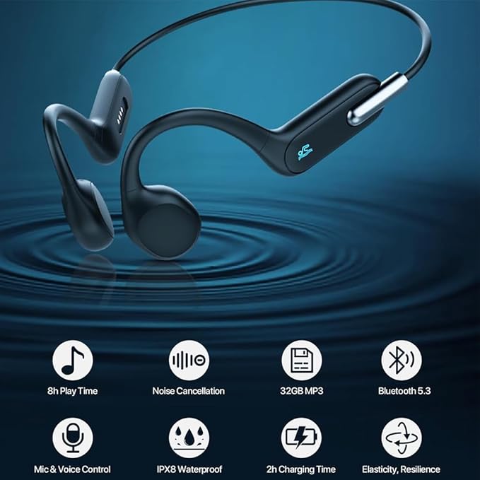 IHAO Swimming Headphones True Bone Conduction Open Ear Headset MP3 Player Built-in 32G Memory IP68 Underwater Waterproof Stereo Bluetooth Earphone for Driving Bicycling Running Skiing-X6 Black-StrideForce Fitness