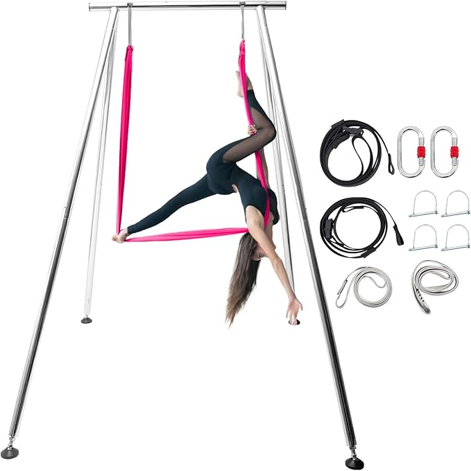 TECSPEC 9.6 FT/115.3 Inch Adjustable Height Aerial Yoga Frame & Hammock, Professional Swing Stand with 18 FT/33FT Aerial Silk, 550lbs Max Capacity-StrideForce Fitness