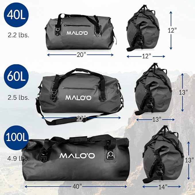 Malo'o Waterproof Dry Bag Duffel 40L/60L/100L, Roll Top Duffel Keeps Gear Dry for Kayaking, Rafting, Boating, Swimming, Camping, Hiking, Beach, Fishing - Internal & External Pockets and Molle Loops-StrideForce Fitness