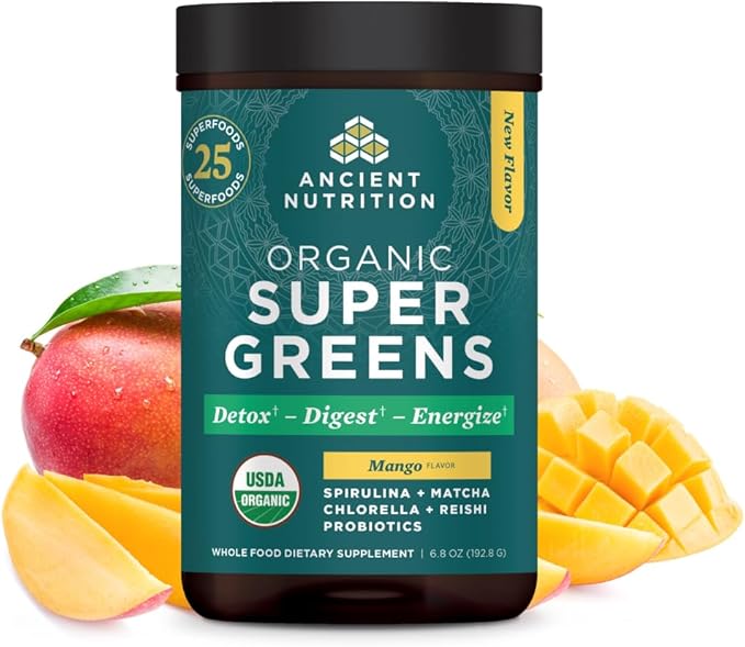 Ancient Nutrition SuperGreens Powder with Probiotics, Organic Mango Flavor Greens, Made from Real Fruits, Vegetables and Herbs, Digestive and Energy Support, 25 Servings, 6.8oz-StrideForce Fitness