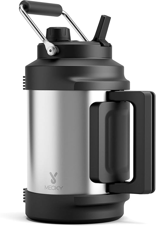 Meoky 1 Gallon Insulated Water Bottle for Travel 128 oz Triple Wall Vacuum Stainless Steel Water Jug - Top and Side Handles, Cold for 48 Hrs, 2-in-1 Straw and Spout Lid, Leak Proof for Work (Silver)-StrideForce Fitness
