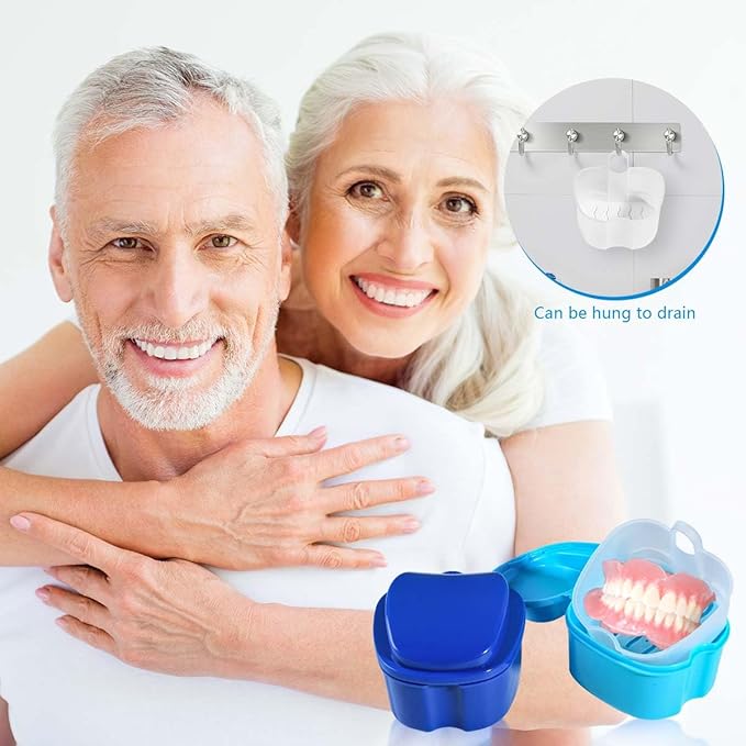 Blue Denture Bath Case Cup Box Holder Storage Container with Denture Cleaner Brush Strainer Basket for Travel Cleaning