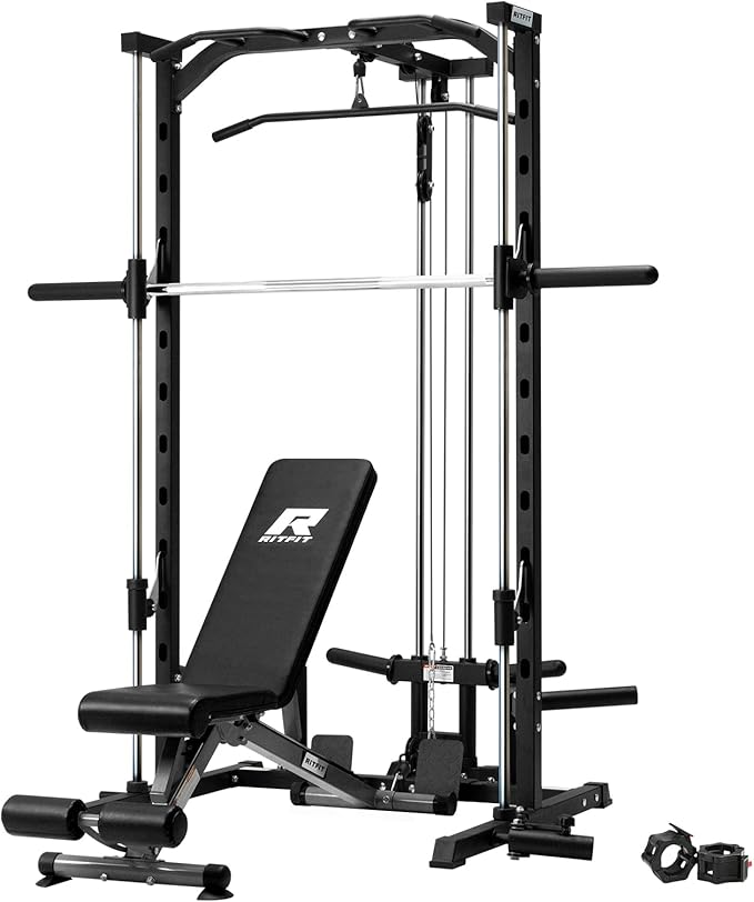 RitFit Smith Machine Power Rack with LAT-Pull Down System, Landmine, Barbell Bar, Plate Storage Pegs and More Training Attachment-StrideForce Fitness