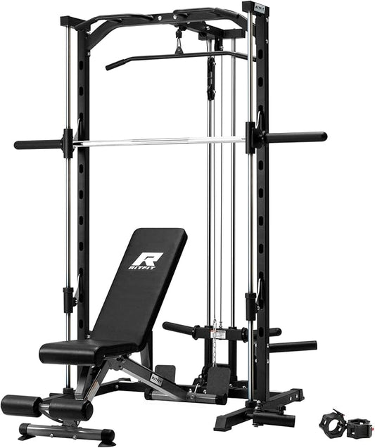 RitFit Smith Machine Power Rack with LAT-Pull Down System, Landmine, Barbell Bar, Plate Storage Pegs and More Training Attachment-StrideForce Fitness