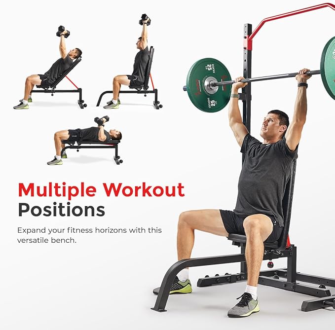 Sunny Health & Fitness Multifunctional Strength Training Home Gym – Complete Workout Equipment with Training Attachments, Optional Squat Stand, Power Rack Cage, Adjustable Incline Bench-StrideForce Fitness