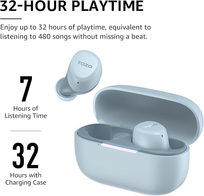TOZO A1 Wireless Earbuds Bluetooth 5.3 Light Weight in Ear IPX5 Waterproof Headphones 2 Mic for AI Calls, Immersive Premium Sound Bass Headset with Charging Case, 32 Presets EQ Customization via App-StrideForce Fitness