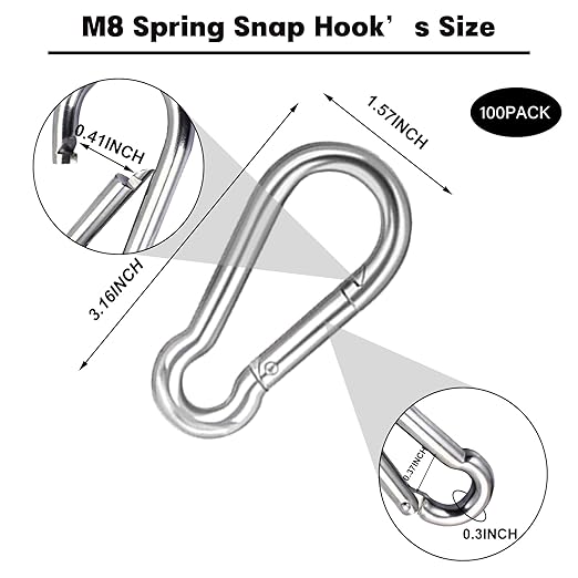 100 PCS 3'' Spring Snap Hook Carabiner, M8 5/16 Inch Galvanized Silver Steel Carabiner Clip, 500LBS Holding Capacity Quick Link Clip Keychain for Hammock Dog Leash & Camping Gym-StrideForce Fitness