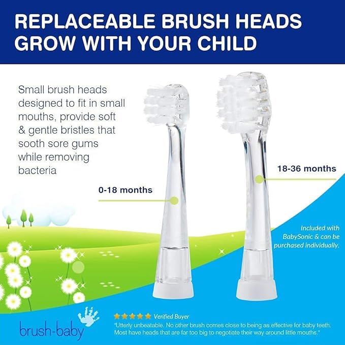brush-baby - BabySonic Blue Electric Toothbrush, 0-36 Months - Soft, Gentle Vibrating Toothbrush for Sensitive Gums & New Teeth - with LED Light & Suction Base - Baby & Toddler Brush Heads