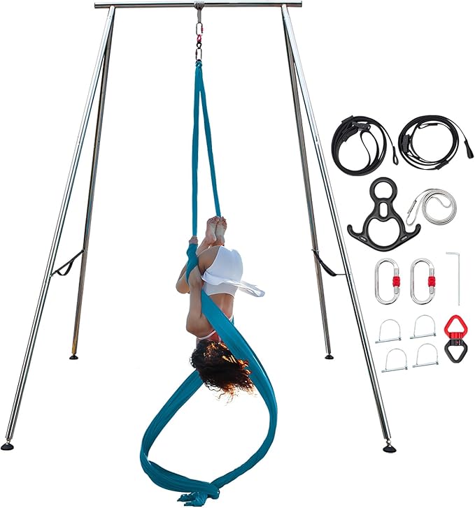 TECSPEC 9.6 FT/115.3 Inch Adjustable Height Aerial Yoga Frame & Hammock, Professional Swing Stand with 18 FT/33FT Aerial Silk, 550lbs Max Capacity-StrideForce Fitness