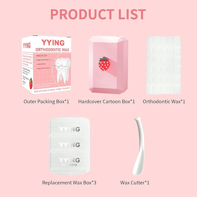 1+3 Pack Orthodontic Wax for Braces Aligners 120 Precut Wax Dots, Braces Wax, Hardcover Box Dental Wax with Mirror for Home Travel Office, Strawberry Flavored