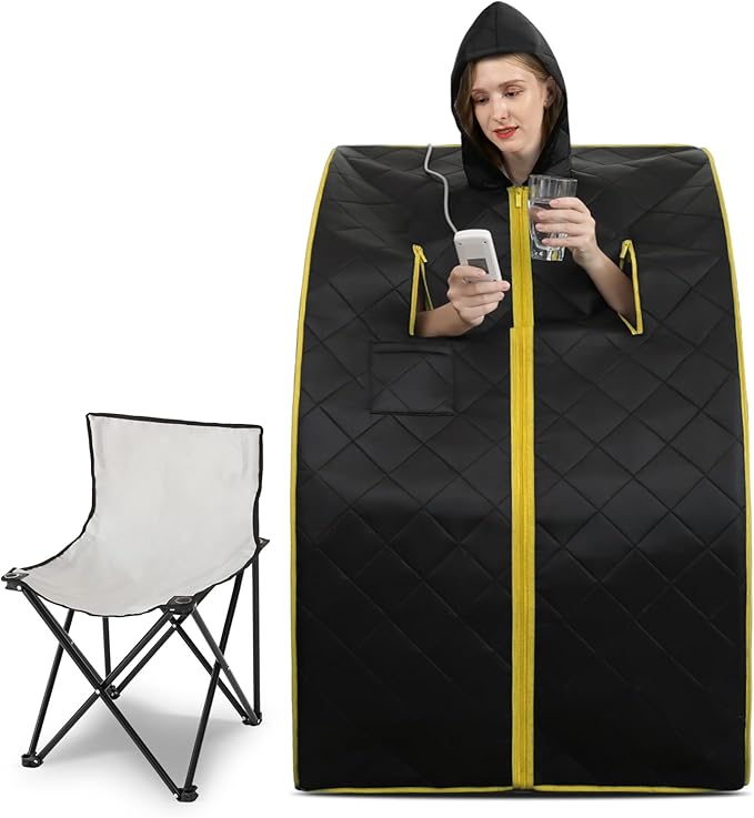 Smartmak Far Infrared Sauna with Hat, Portable Personal Full Body Home SPA Tent, Separate Heating Foot Pad and Portable Upgraded Chair-BlackGold-StrideForce Fitness
