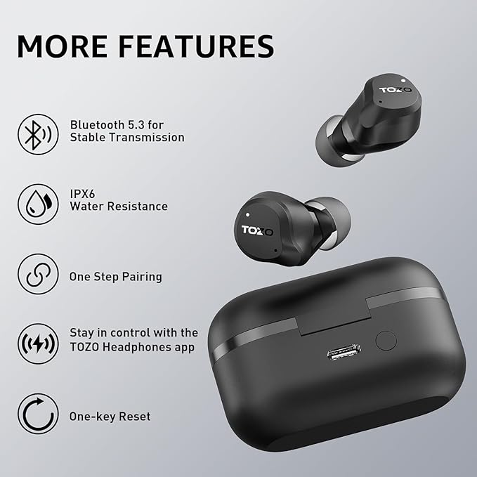 TOZO NC9 Hybrid Active Noise Cancelling Wireless Earbuds, 6 Mics ENC Clear Call, IPX8 Waterproof, in Ear Bluetooth 5.3 Headphones Stereo Bass Ear Buds 59H Playtime with LED Display 32 EQs via APP-StrideForce Fitness