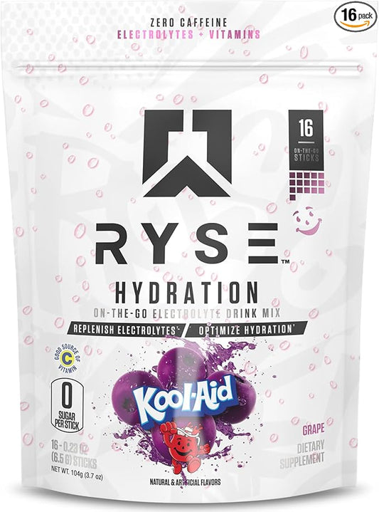 RYSE Hydration Electrolyte Powder Drink Mix Packets - Kool-Aid Grape - Sugar-Free Full Spectrum Electrolytes with Essential Vitamins, Taurine and Choline for Rehydration - 16 Serving Sticks-StrideForce Fitness