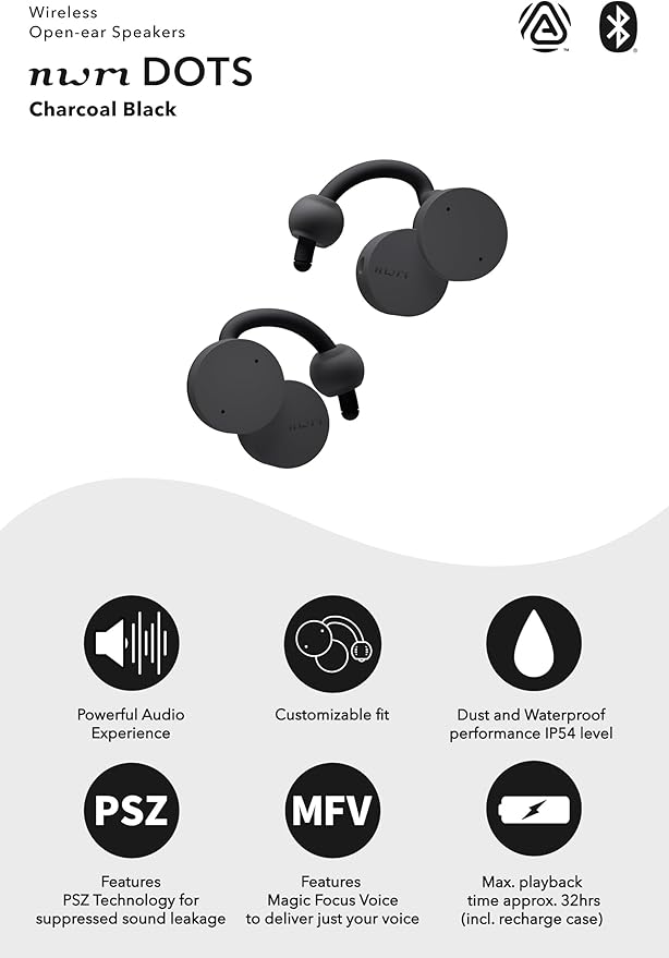 nwm DOTS Wireless On-Ear Speakers (Open Ear Earphones) Sound Leakage suppressed (PSZ Technology - Bone Conduction Alternative) with Optimal Microphone Function Designed in Japan | Charcoal Black-StrideForce Fitness