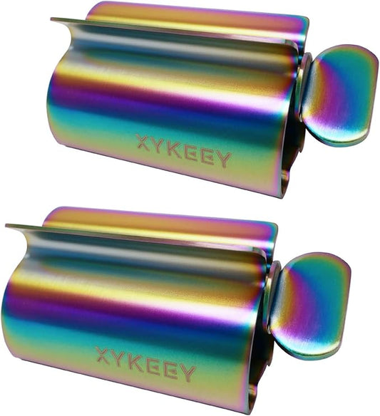 XYKEEY Toothpaste Tube Squeezer - Set of 2 Toothpaste Squeezer Rollers, Metal Toothpaste Tube Wringer Seat Holder Stand (Iridescent)