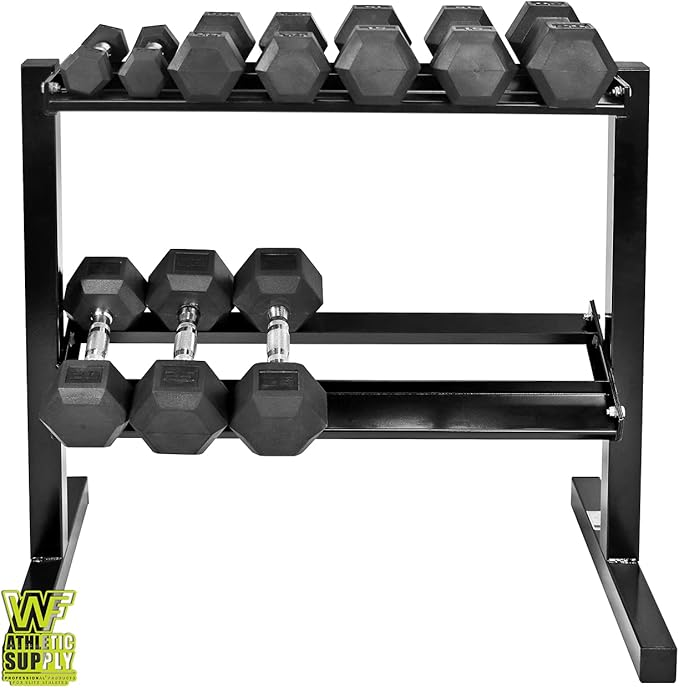 WF Athletic Supply Rubber Coated Hex Dumbbell Set with Two Tier Premium Storage Rack Built for Strength Building, Weight Loss & Home Gym ??Multiple Sets Available