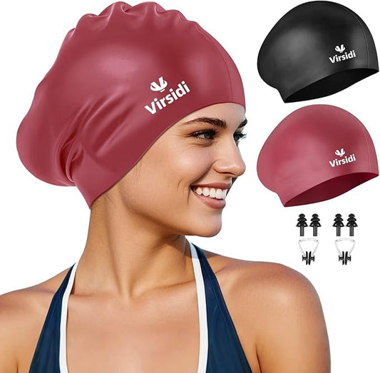 2 Pack Swim Cap for Women Men Adult, Silicone Swimming Caps for Short Long Hair, Waterproof Swim Hats Bathing Caps to Keep Hair Dry with Nose Clip and Earplugs-StrideForce Fitness