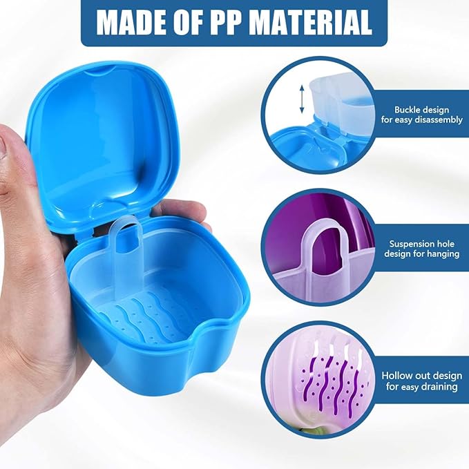 2 Pack Denture Bath Case Cup Box Holder Storage Container with Denture Cleaner Brush Strainer Basket for Travel Cleaning (Light Blue and Purple)