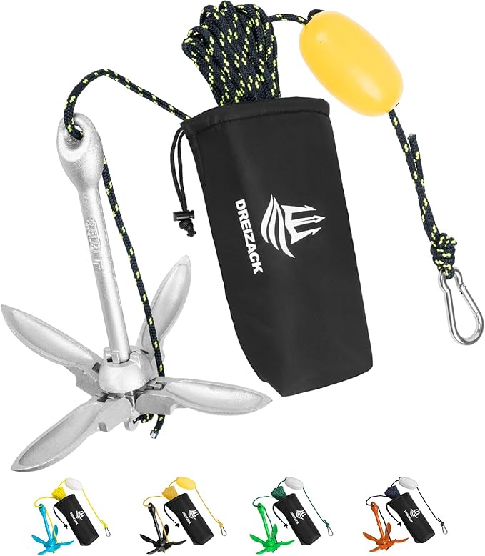 Dreizack Kayak Anchor Kit, 3.5 lb Folding Grapnel Boat Anchor Trolley Accessories with 40ft Rope and PVC Buoy for Fishing Kayaks SUP Paddle Boards Canoes Jet Ski PWC Inflatable Small Boats-StrideForce Fitness