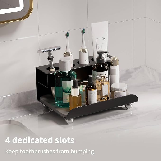 Quick Dry Electric Toothbrush Holder 4 Slots Metal Bathroom Counter Organizer for Toothpaste Razor Mouthwash, Black