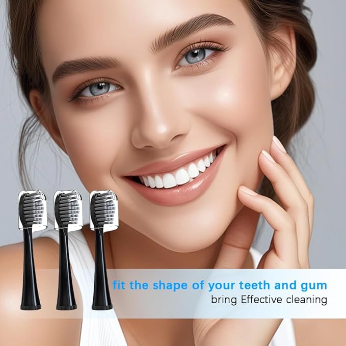 Replacement Brush Heads for 𝗪𝗮𝘁𝗲𝗿𝗽𝗶𝗸 𝐒𝐨𝐧𝐢𝐜-𝐅𝐮𝐬𝐢𝐨𝐧 2.0 Flossing Toothbrush Head fit (SF-01/ SF-02/ SF-03/ SF-04) 3 Pack Black Soft Bristles with Caps (Black-Grey, Full Size)