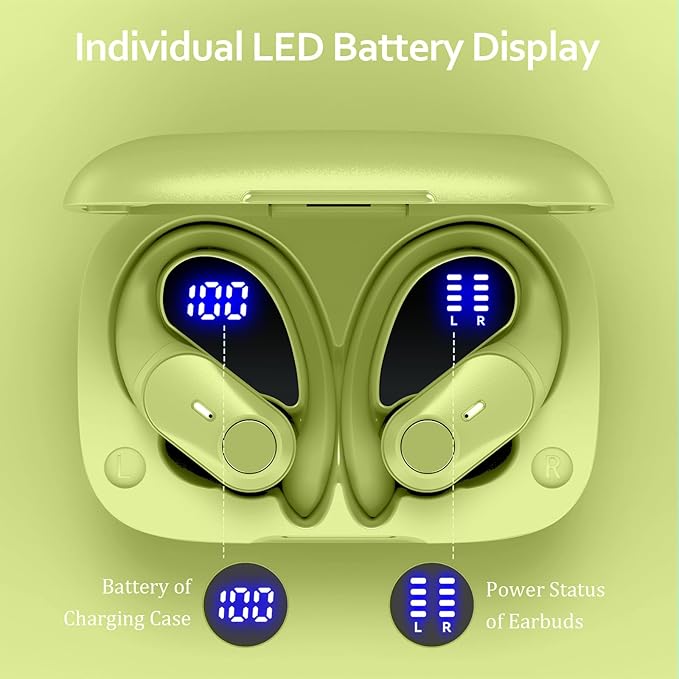GOLREX Active Noise Cancelling Ear Buds Wireless Earbuds Bluetooth Headphones with 80H Playtime LED Display Wireless Charging Case, Over-Ear Hooks Earbud for Sports Running Gym Workout Yellow Green-StrideForce Fitness