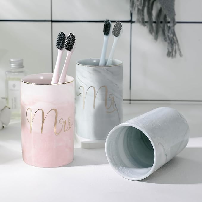 Kelake Ceramic Rustic Gray Marble Bathroom Tumbler Cup for Mouthwash Rinsing Toothbrush and Toothpaste Holder Letters Stand Cups 280 ml Porcelain Milk Drinking Cups for Christmas Birthday