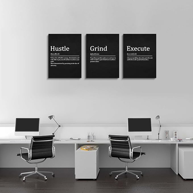 EPHANY Hustle Grind Execute - Wall Hanging Decor, Framed Canvas Office Art, Set of 3 Inspirational Prints-StrideForce Fitness