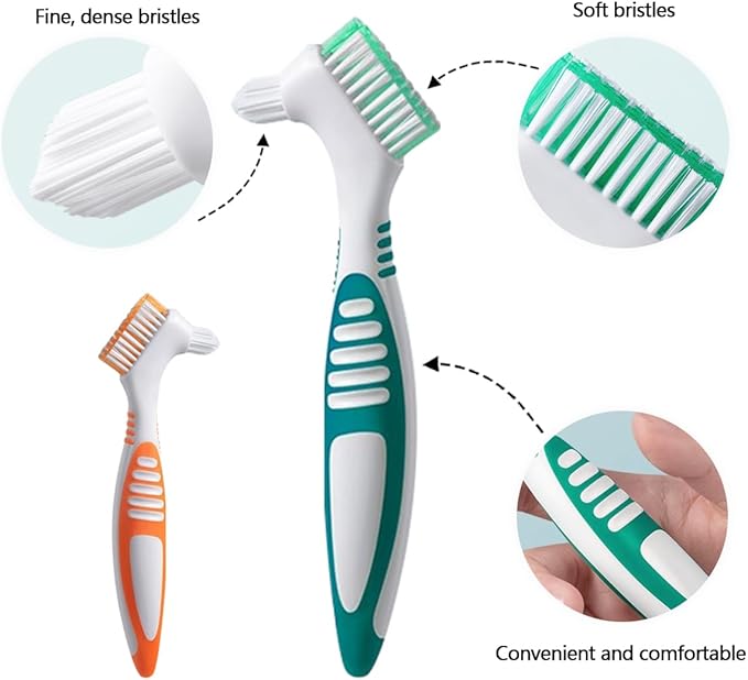Denture Toothbrush Set, Portable Dual Head Denture Brush with Cover Case, Denture Cleaning Tool Set for Travel, Home and Camping, Dental Cleaning Brush Set for Denture Care False Teeth Cleaner Tool
